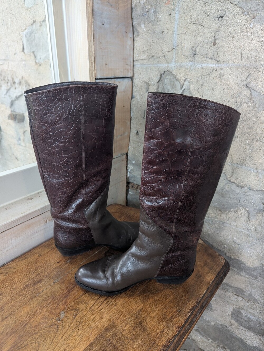 La Vallée Women's Vintage 80s Two-Tone Brown Faux Crocodile Leather Riding Boots